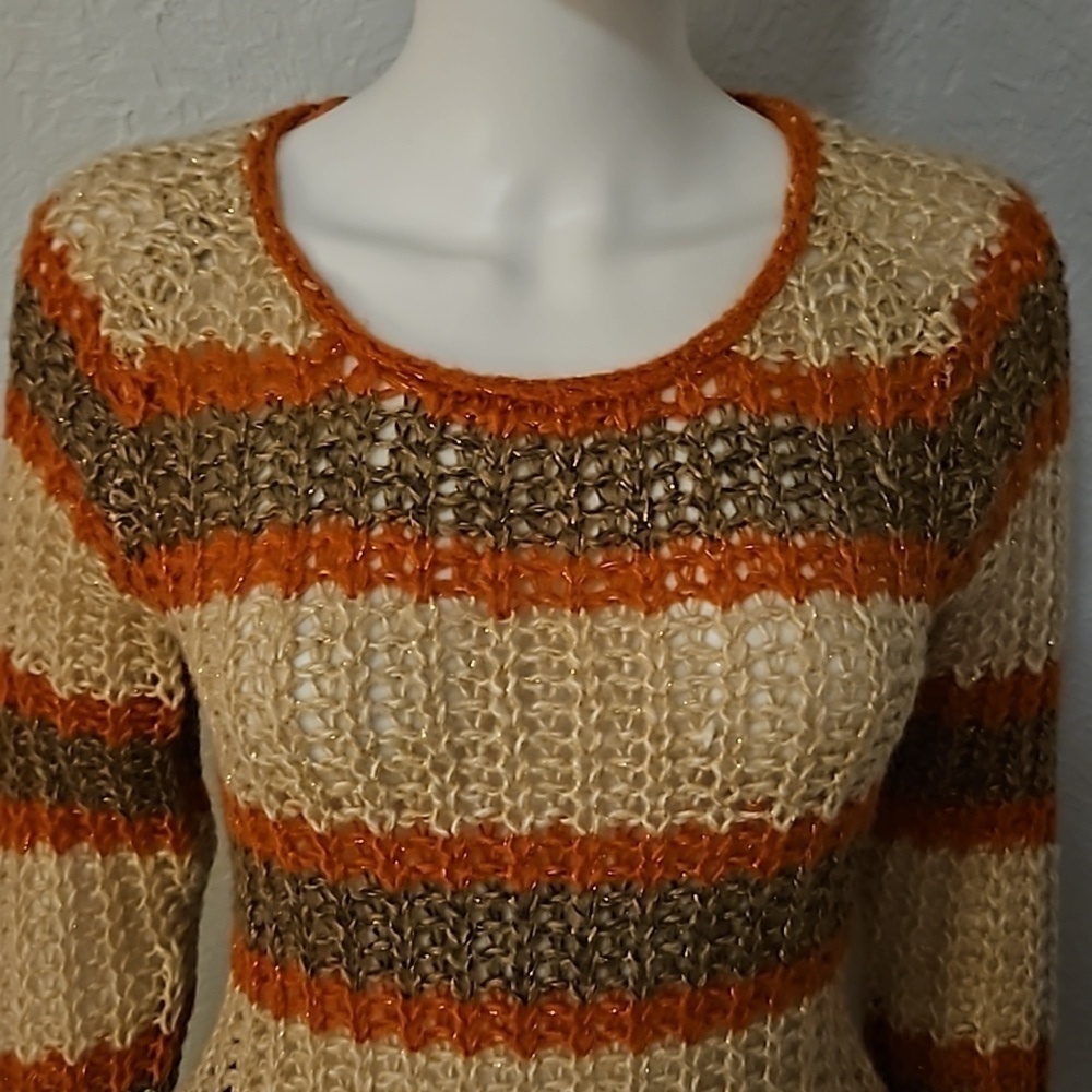 ASHLEY Y2k Striped Metallic Open Crochet Peekaboo Sweater - Picture 4 of 8